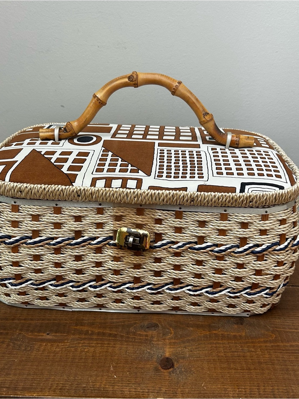 Vintage Mid Century Woven Sewing Basket Large Handle Japan